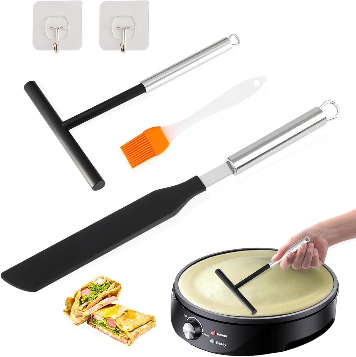 SnelShoppen - Crepe Rateau Pancake Set 19.5 cm - RVS 304 Crepe Verdeler met Spatel, Oliekwast, en Haakjes - Keuken Bakgerei voor Perfecte Pannenkoeken