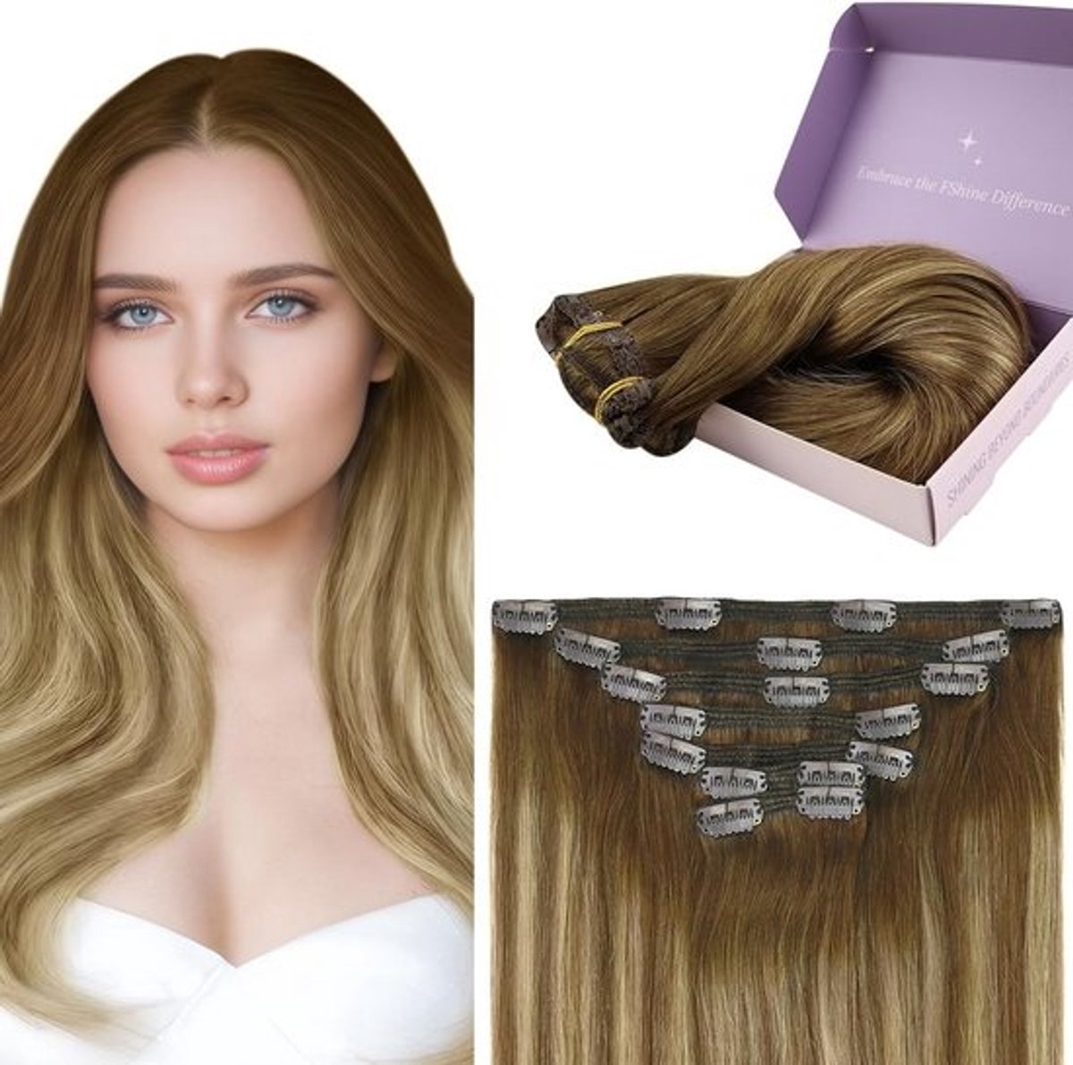 Clip-in Haarverlenging Echte Haare Balayage Middenbruin met Honingblond 50cm 120g 7 Delen