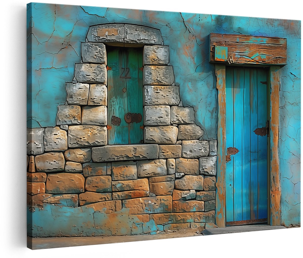 Artaza Canvas Schilderij Blauwe Deur met een Stenen Muur - 180x120 cm - Groot - Wanddecoratie Woonkamer - Schilderijen - Muurdecoratie