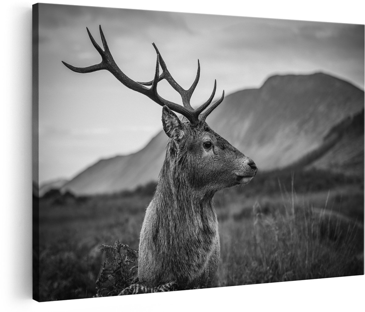 Artaza Canvas Schilderij Hertenkop - Hert - Zwart Wit - 180x120 cm - Groot - Wanddecoratie Woonkamer - Schilderijen - Muurdecoratie