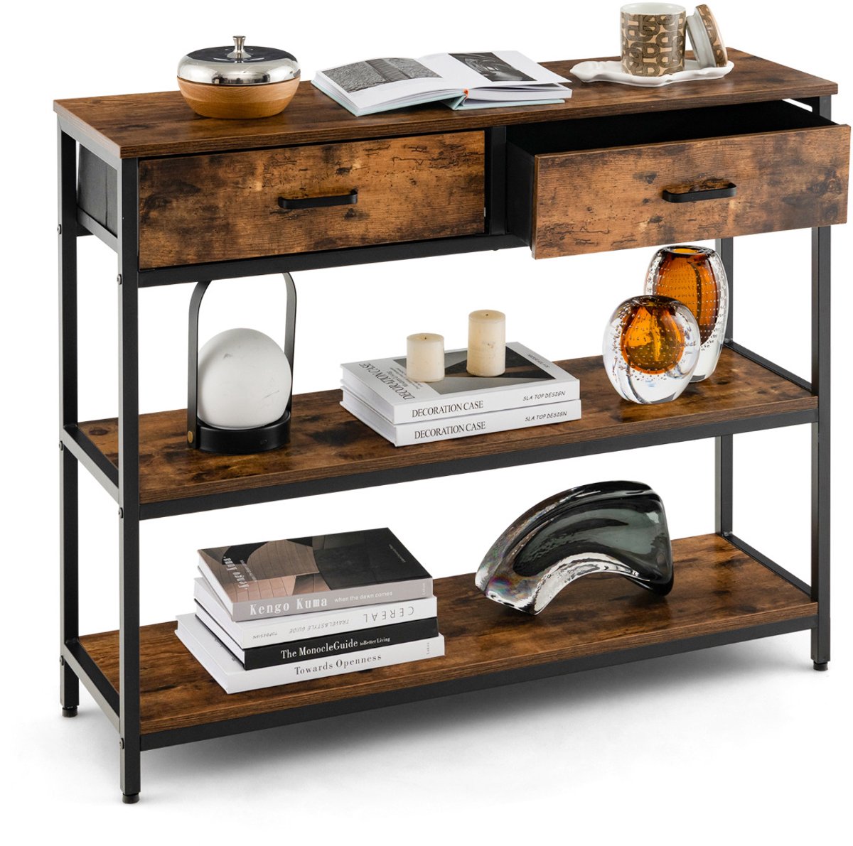 SureDeal® - Consoletafel - Stoffen Laden Niveaus - Metalen Gangtafel Kantelbeveiliging - 100x30x80 cm - Koffiebruin