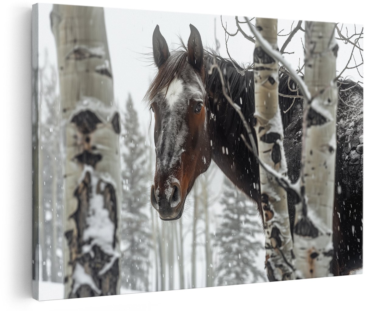Artaza Canvas Schilderij Paard in de Sneeuw - Dieren - 180x120 cm - Groot - Wanddecoratie Woonkamer - Schilderijen - Muurdecoratie