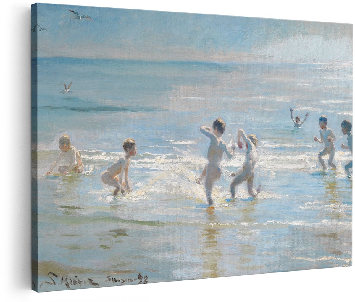 Artaza Canvas Schilderij Strand Zee - 180x120 cm - Groot - Wanddecoratie Spelende Kinderen - Muurdecoratie Krøyer - Decoratie Golven Zomer