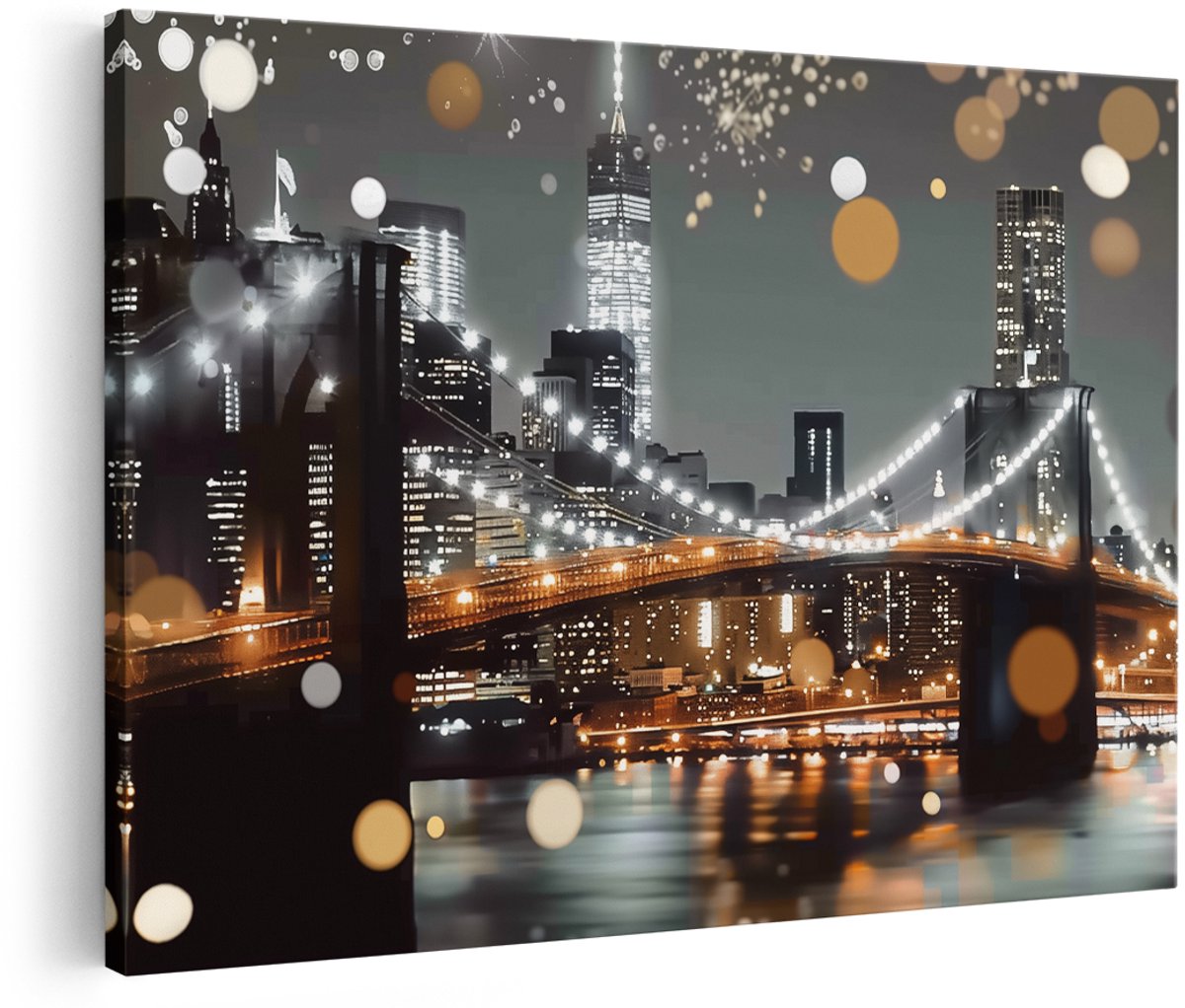Artaza Canvas Schilderij Brooklyn Bridge Verlicht - New York - 180x120 cm - Groot - Wanddecoratie Woonkamer - Schilderijen - Muurdecoratie