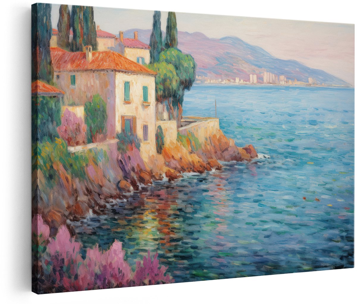 Artaza Canvas Schilderij Mediterraan Kustdorp - 180x120 cm - Groot - Wanddecoratie Zee - Muurdecoratie Landschap - Decoratie Bergen - Schilderijen Op Canvas