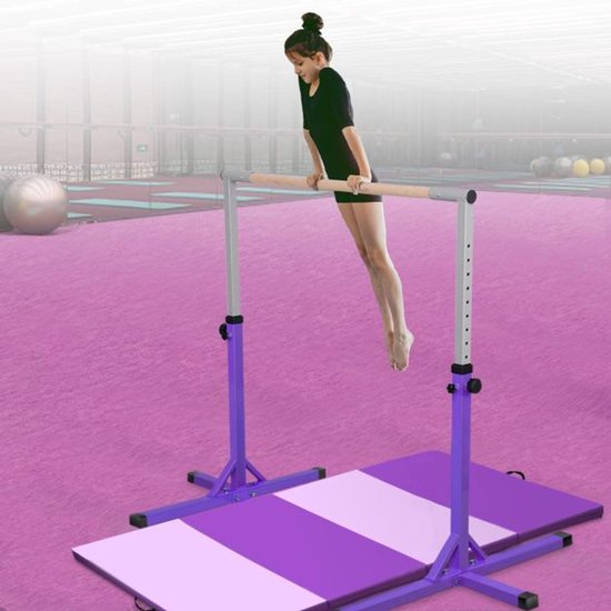 Meisje in zwart turnpakje traint aan een roze dubbele ballet barre met paarse matten.