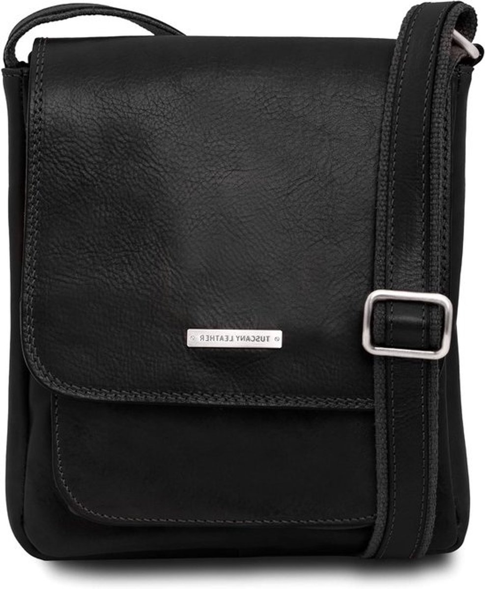 Leren Crossbody Tas - Schoudertas Heren - Dagelijks Gebruik - Handgemaakt in Italië - 22 x 25.5 cm - Zwart