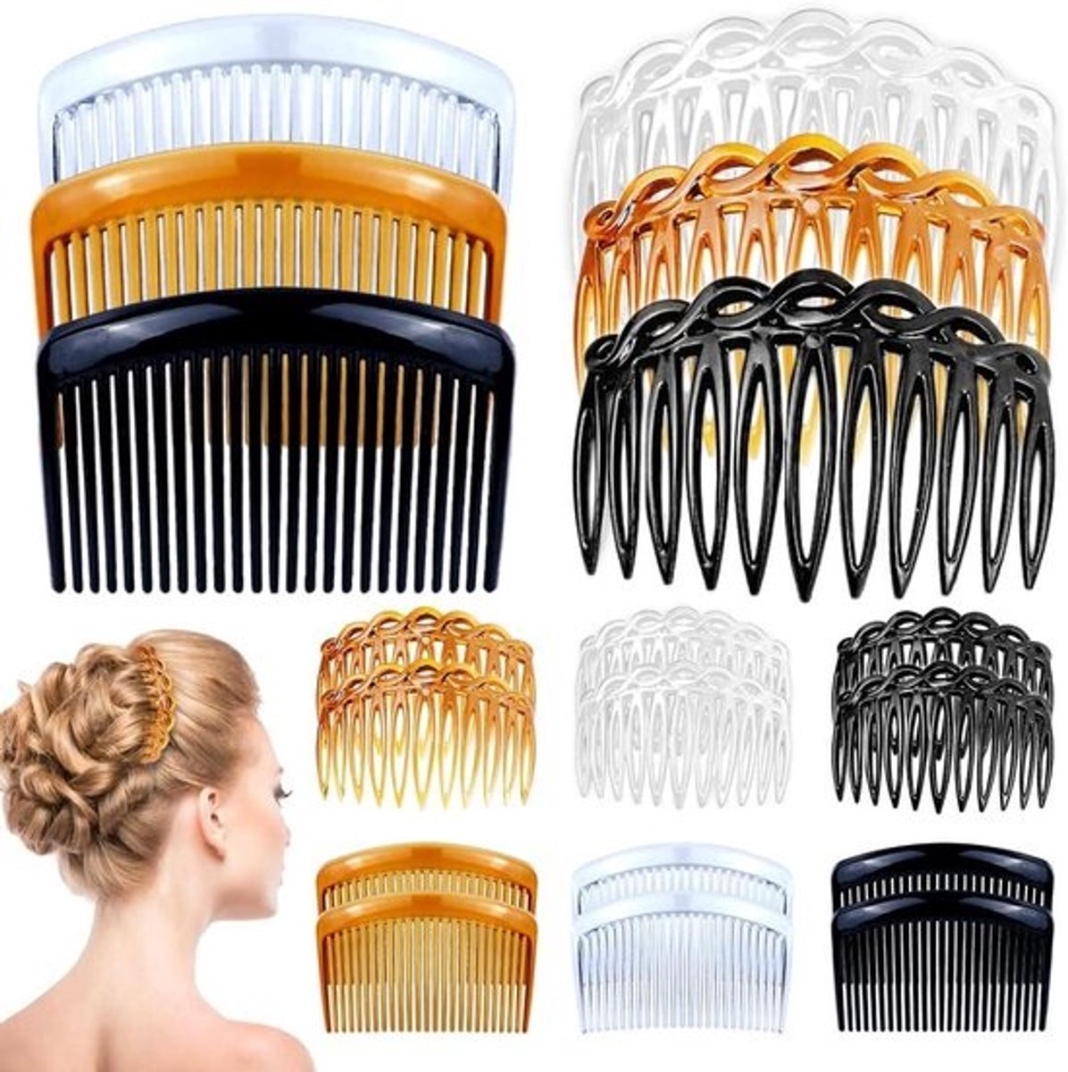 Zijhaarkam Set - Haarklemmen Twist Kam - Haar Styling - 23/11 Fijne Tanden - 18 Stuks - Zwart Bruin Transparant