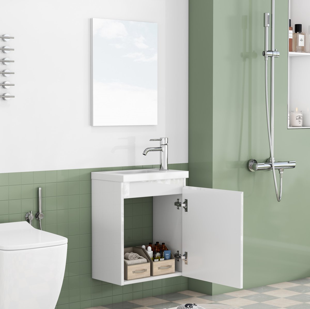 OKWISH Badkamerkast met Wastafel en Spiegel, Wandmontage, Grifflos Design, Hoogglans Wit, MDF, 40 cm