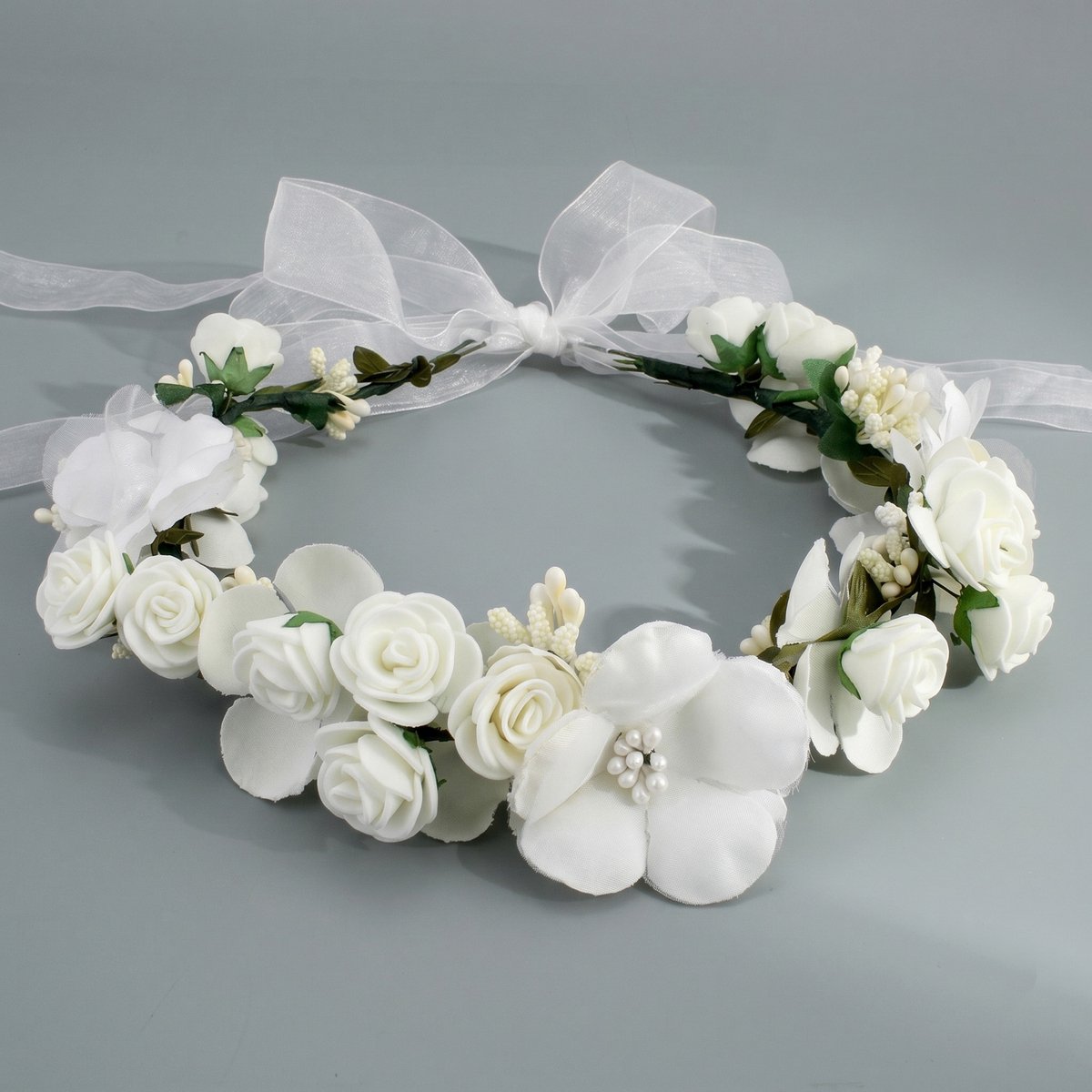 Kunstbloemen Hoofdkrans, Bloemencirkel Haarband met Satin‑Lint, Bruiloft & Fotoshoot Haaraccessoire,Witte bruidsbloemenkrans in bosstijl