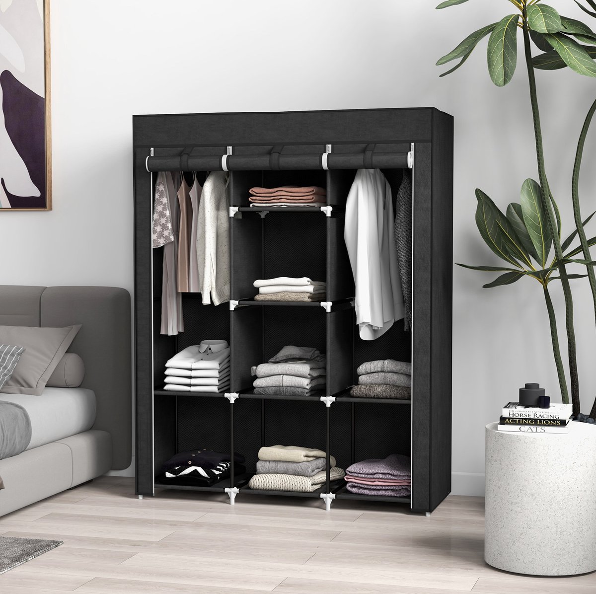 DESMIU Stoffenkast - Opvouwbare Kledingkast Met Hanggedeelte En 8 Legplanken - Voor Slaapkamer En Hal - Stof - Zwart - 125x43x162,5 Cm