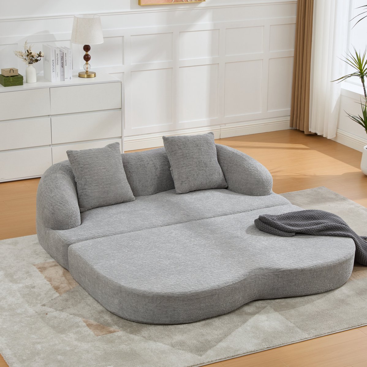 COVREO Slaapbank 157x84x65 cm lichtgrijs chenille - 2-zits met slaapfunctie en 2 kussens