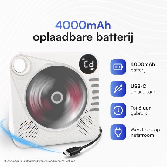 Retro CD Speler met Bluetooth - Draagbare CD Speler met HiFi Speakers - USB - AUX - Oplaadbaar - Vintage Muziekspeler Wit — afbeelding 3