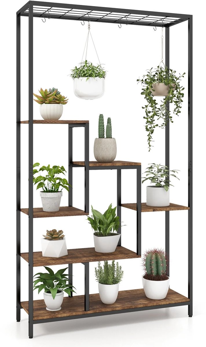 DeltaMerch Plantenrek - Plantenstandaard binnen - Plantentafel - Incl. 10 ophanghaken - 180 cm - Metaal - Houtlook - Zwart - Bruin