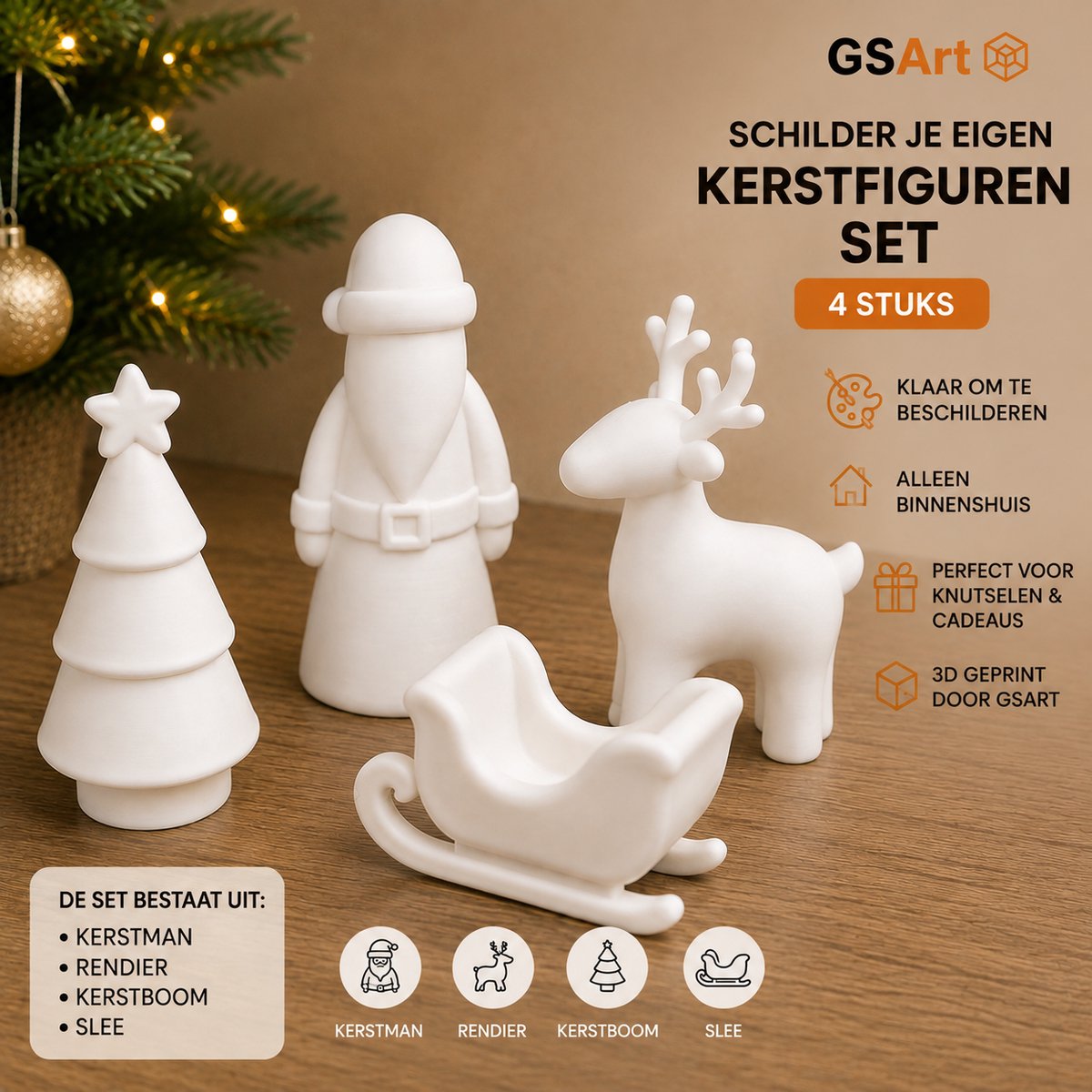 GSArt Schilder je eigen Kerstfiguren – 4 stuks – Kerst Knutselset 3D Geprint