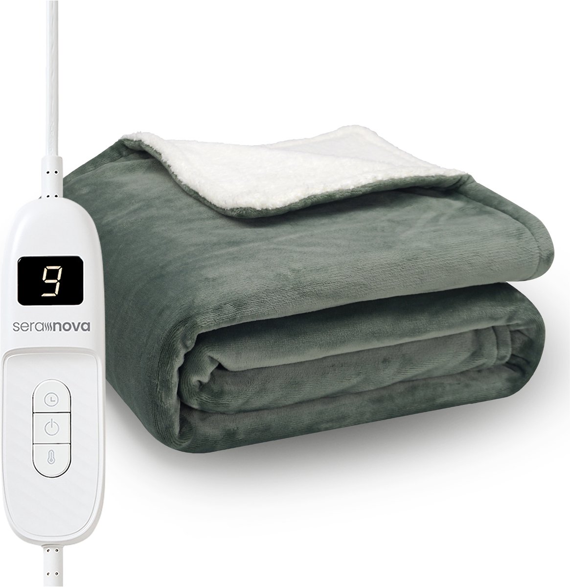 Seranova Elektrische Deken XXL - 180x160 cm - 2 Persoons Bovendeken - Warmtedeken - Dubbelzijdig Fleece Sherpa - Groen