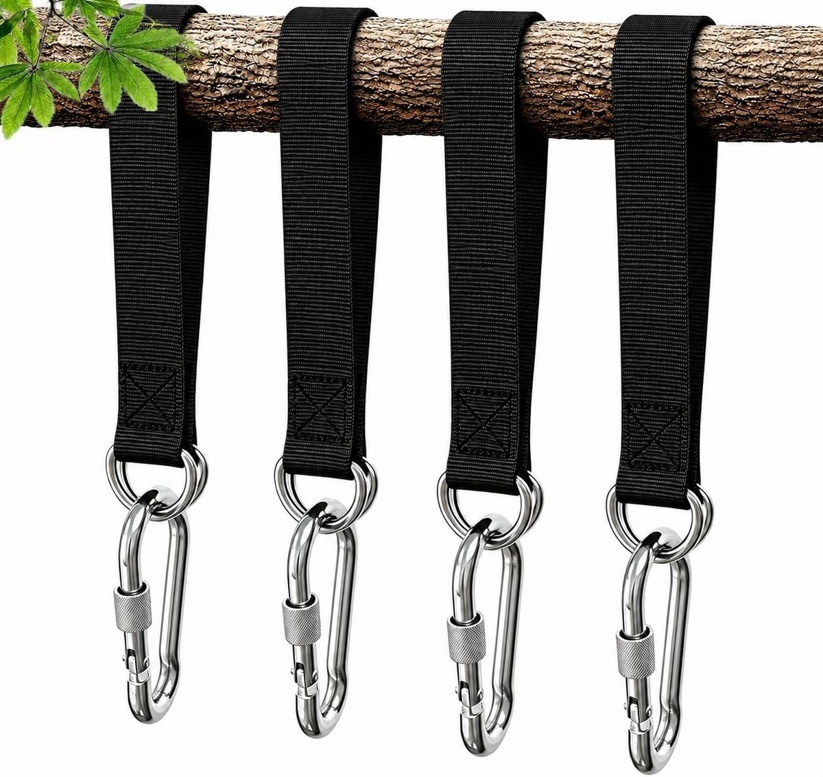 4 stuks hangmatbevestiging met boomschommelriem en schommelophangingset voor veilige bevestiging, inclusief karabijnhaken en D-ringen
