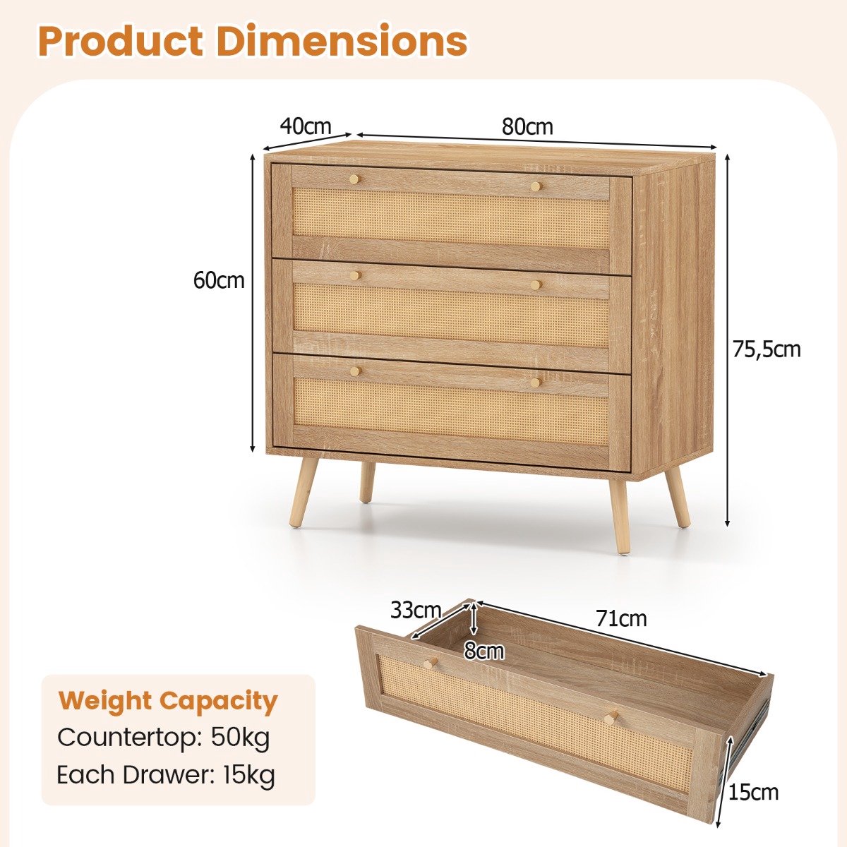 SureDeal® - Dressoir - Rieten Ladekast - Lades Houten Bijzetkast - 80x40x75,5 cm - Naturel