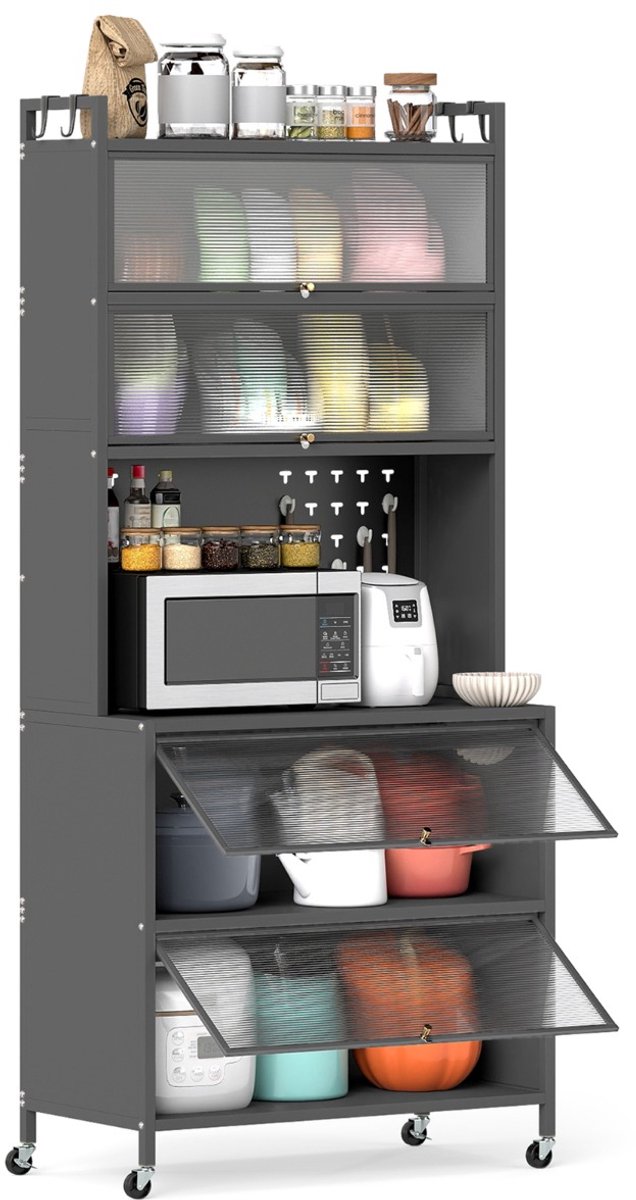 SureDeal® - Keukenkast - Vaks Keukenkast - Kratten Draaideuren Magnetron - Haken - Keuken Woonkamer - 80x40x182 cm - Grijs