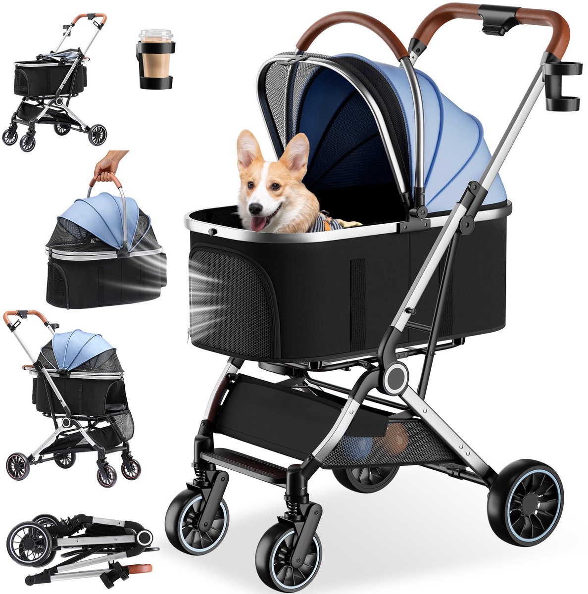 GTPLAYER - 4-in-1 Hondenwagen - Opvouwbaar tot 25kg met 360° Wielen - Hellblau