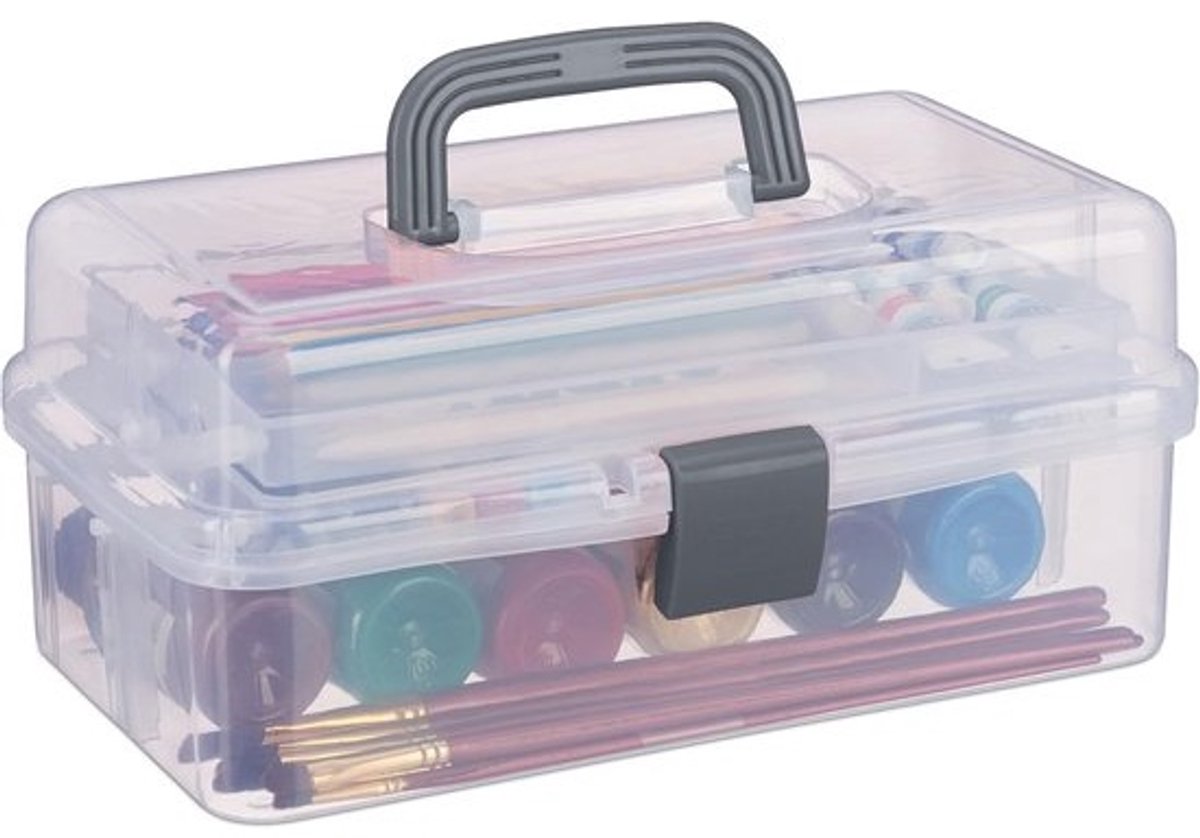 Storage box with 9 compartments - Craft supplies sewing box - Transparent/grey - 14.5 x 33 x 19 cm dimensions
