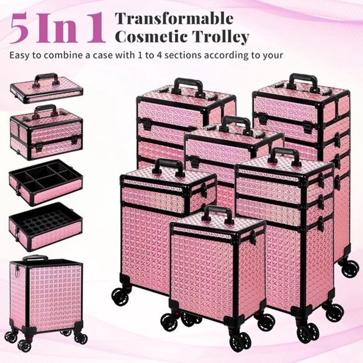 Professionele 5-in-1 Make-up Train Koffer met Draaibare Wielen - Roze