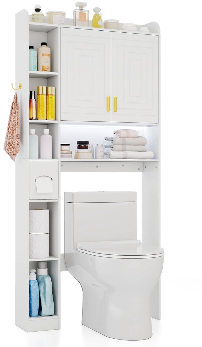 SureDeal® - Badkamerrek - Toiletkast Vrijstaande Bovenkast - Badkamer - Wasruimte Badkamerrek Hout - 80x20x171 cm - Wit