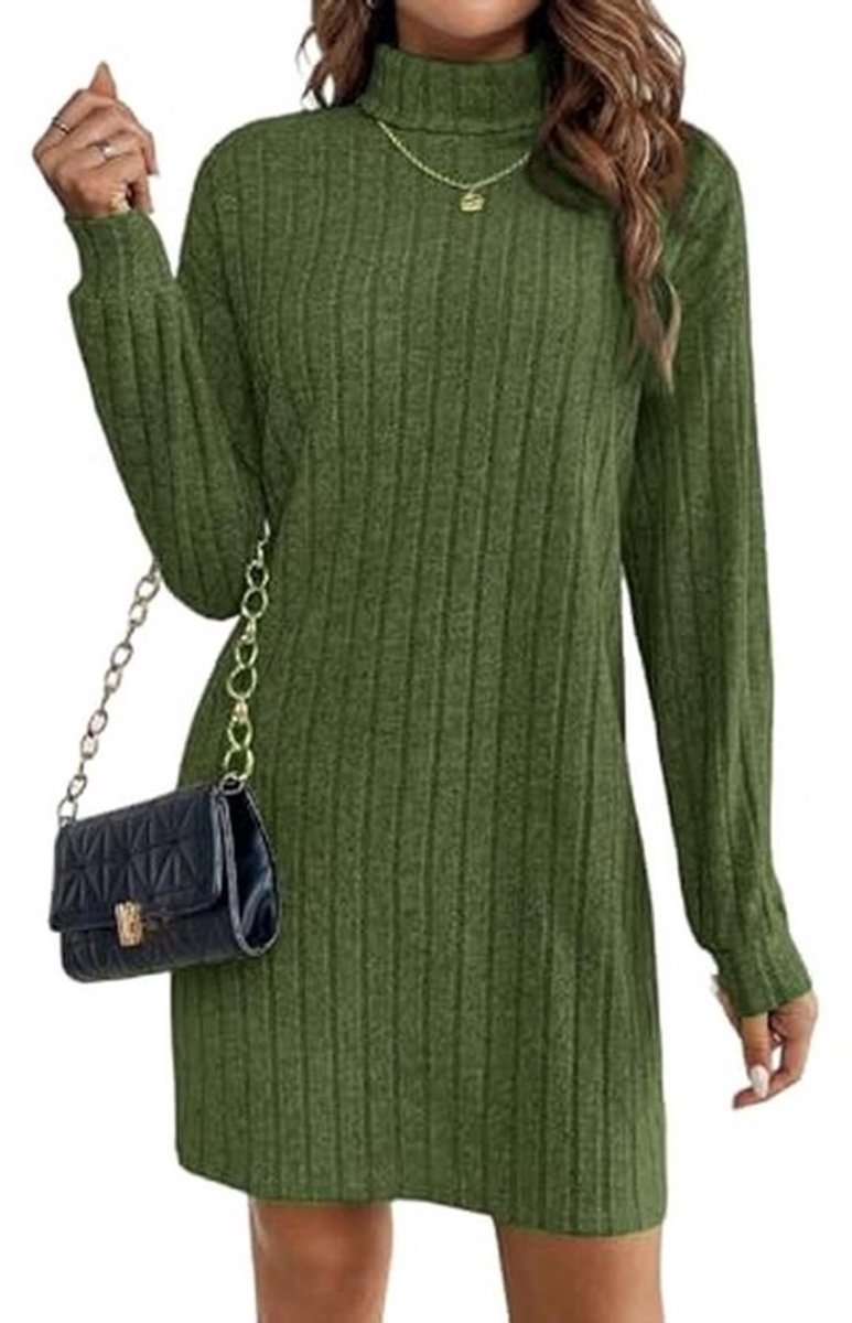 Dames Rolkraagjurk - Gebreide Lange Mouwen Jurk voor Herfst en Winter