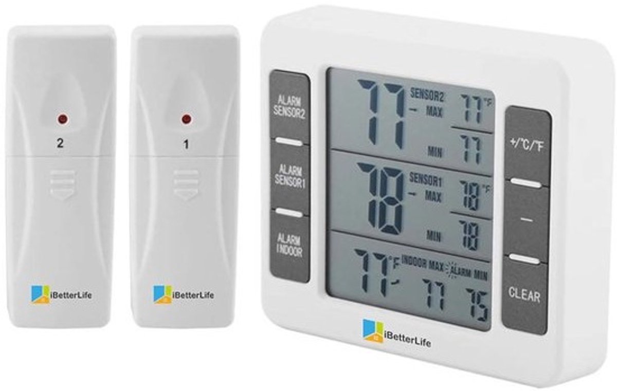 Draadloze Digitale Koelkast Vriezer Thermometer met Alarm en Binnen/Buiten Sensor