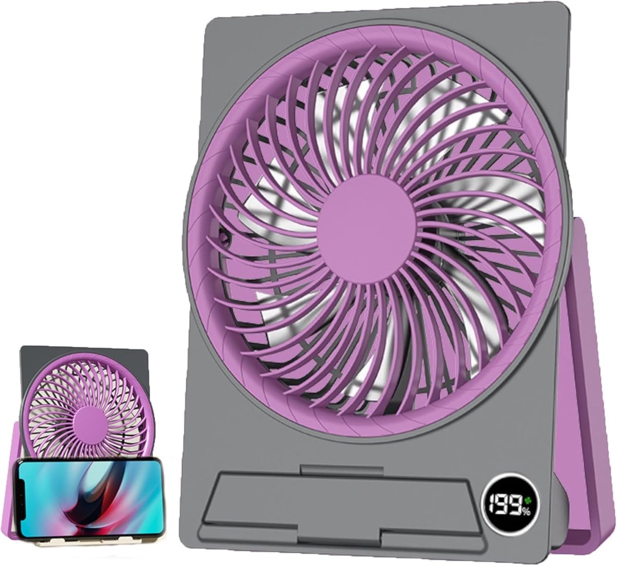 Ultradunne Mini-Tafelventilator - Grijs - 18 x 14 x 3,5 cm - Draagbare Accu Ventilator met Telefoonhouder - Voor Binnen en Buiten
