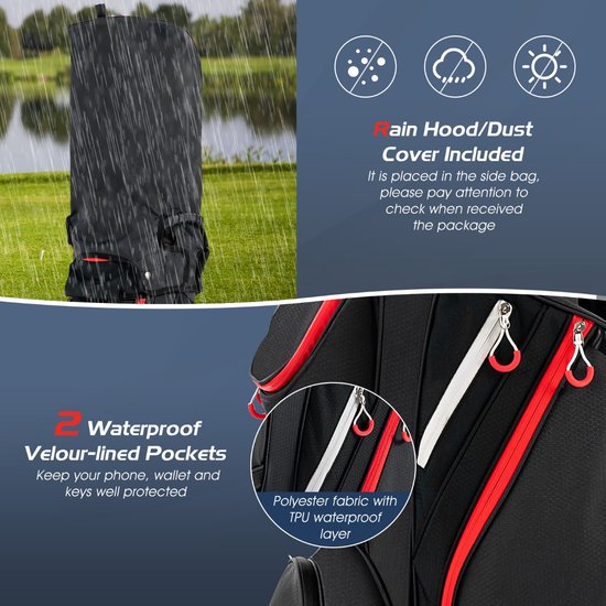SureDeal® - Golf - Lichte Golftas - Regenhoes Delige Indeling - Gebruik Golftrolley - Golfkaart Rood - Zwart - 39x25x128 cm - Donkerbruin van suredeal — afbeelding 2