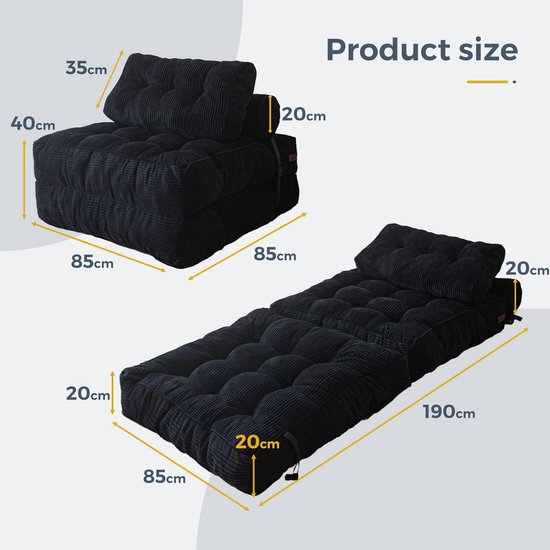 Opvouwbare slaapbank - Omvormbare stoel - Ontspannen Zitten - Inclusief Kussens - 85 x 190 cm - Zwart — afbeelding 5