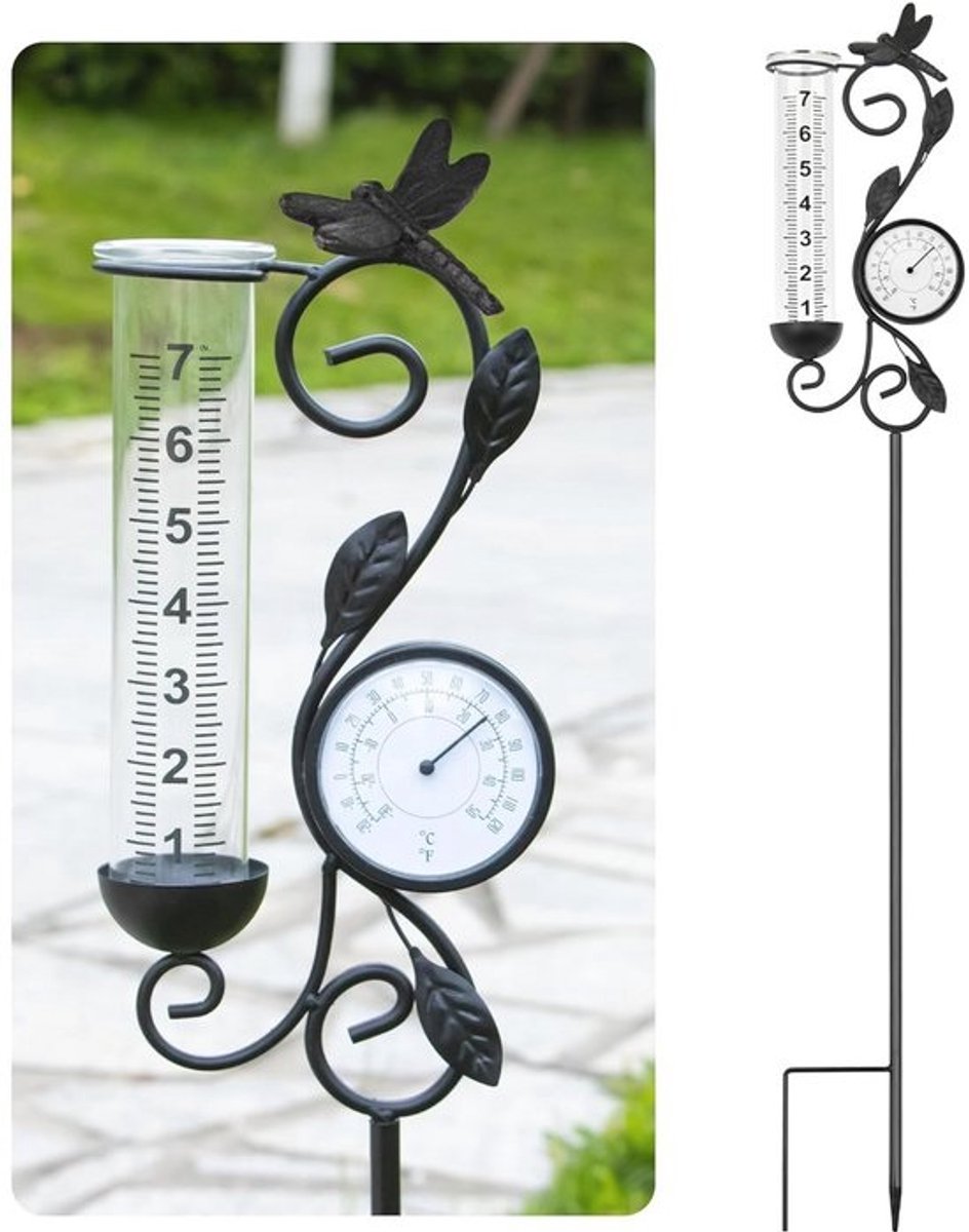 Decoratieve Regenmeter met Thermometer - Zwart, Libellenontwerp