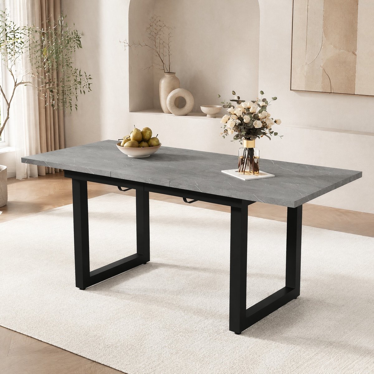 Wishdor Eettafel - Uitschuifbaar en rechthoekig - Metalen frame en betonlook tafelblad - Industrieel - Eetkamer woonkeuken samen eten en diners - MDF - Grijs zwart - 140/180 x 80 x 75 cm