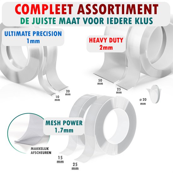 Verschillende diktes van Tenta dubbelzijdig tape: 1mm, 2mm, 1.7mm, met afmetingen en specificaties.