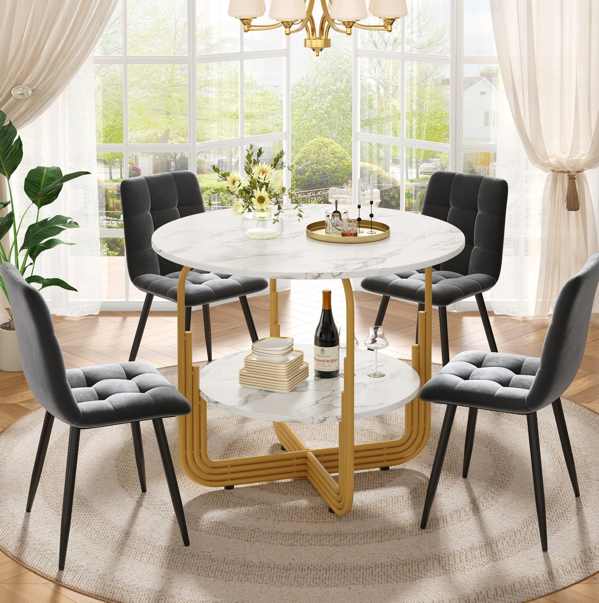 Wishdor Eetkamerset - 5-delig met ronde tafel en 4 stoelen - Marmereffect - Modern - Eetkamer keuken werkplek - Bewerkt hout metaal fluweel - Goud grijs - Ø 80 x H 76 cm