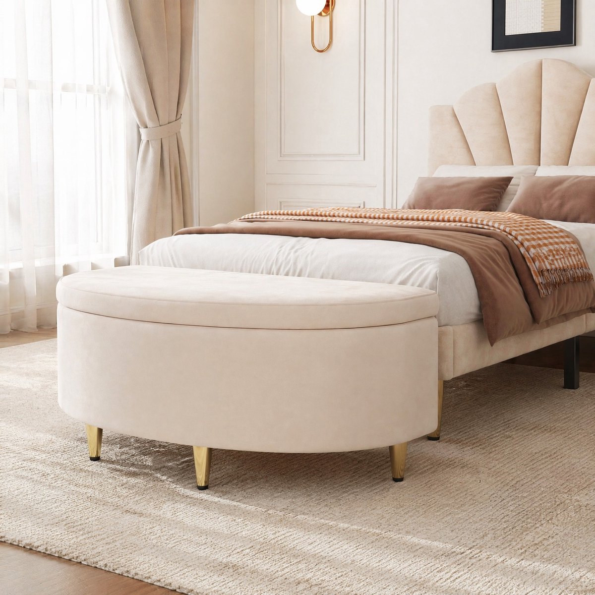 REDOM- Hocker - Met opbergruimte - Gestoffeerde bank met metalen poten - Geschikt om op te zitten - Europese stijl - Slaapkamer - Fluweel - Beige - 90 x 40 x 42 cm