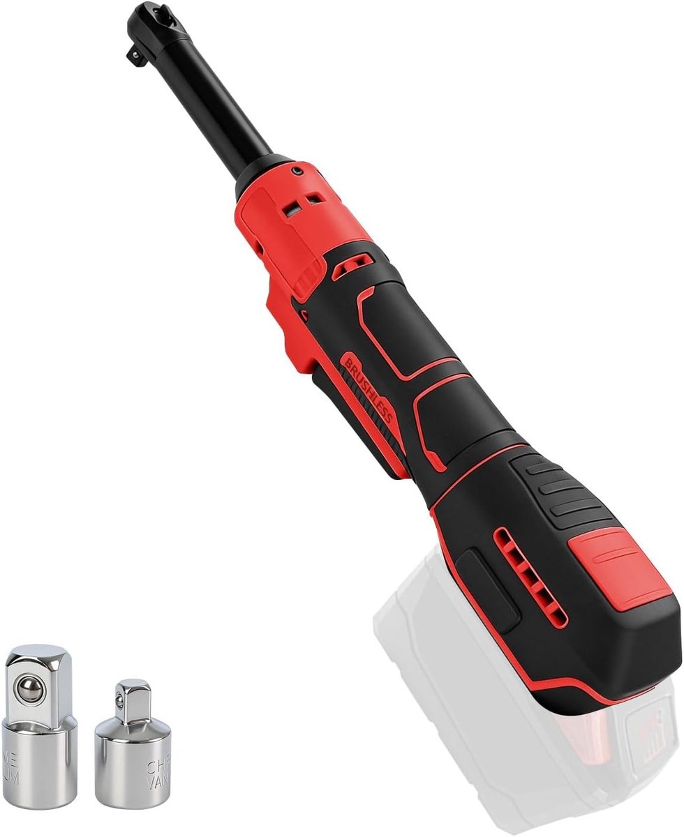 Krachtige Accu Ratelsleutel 3/8 Inch met 1/2 Inch en 1/4 Inch Adapter, 15 cm Verlengde Kop, 80 Nm Koppel, 320 RPM voor Efficiënt Vast- en Losdraaien