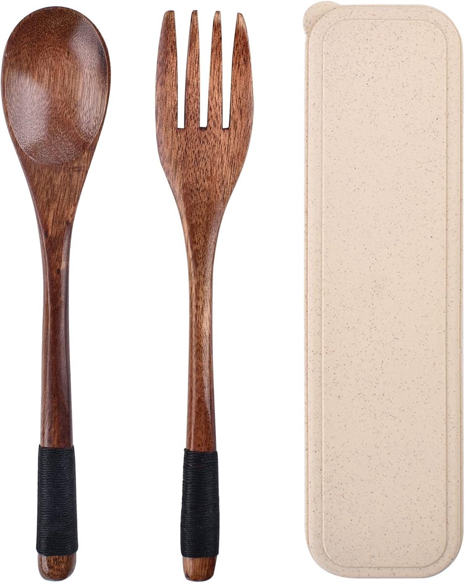 Houten Bestekset met Lepel en Vork, Herbruikbaar Tafelgerei voor Reizen, Compact en Handig voor Picknicks