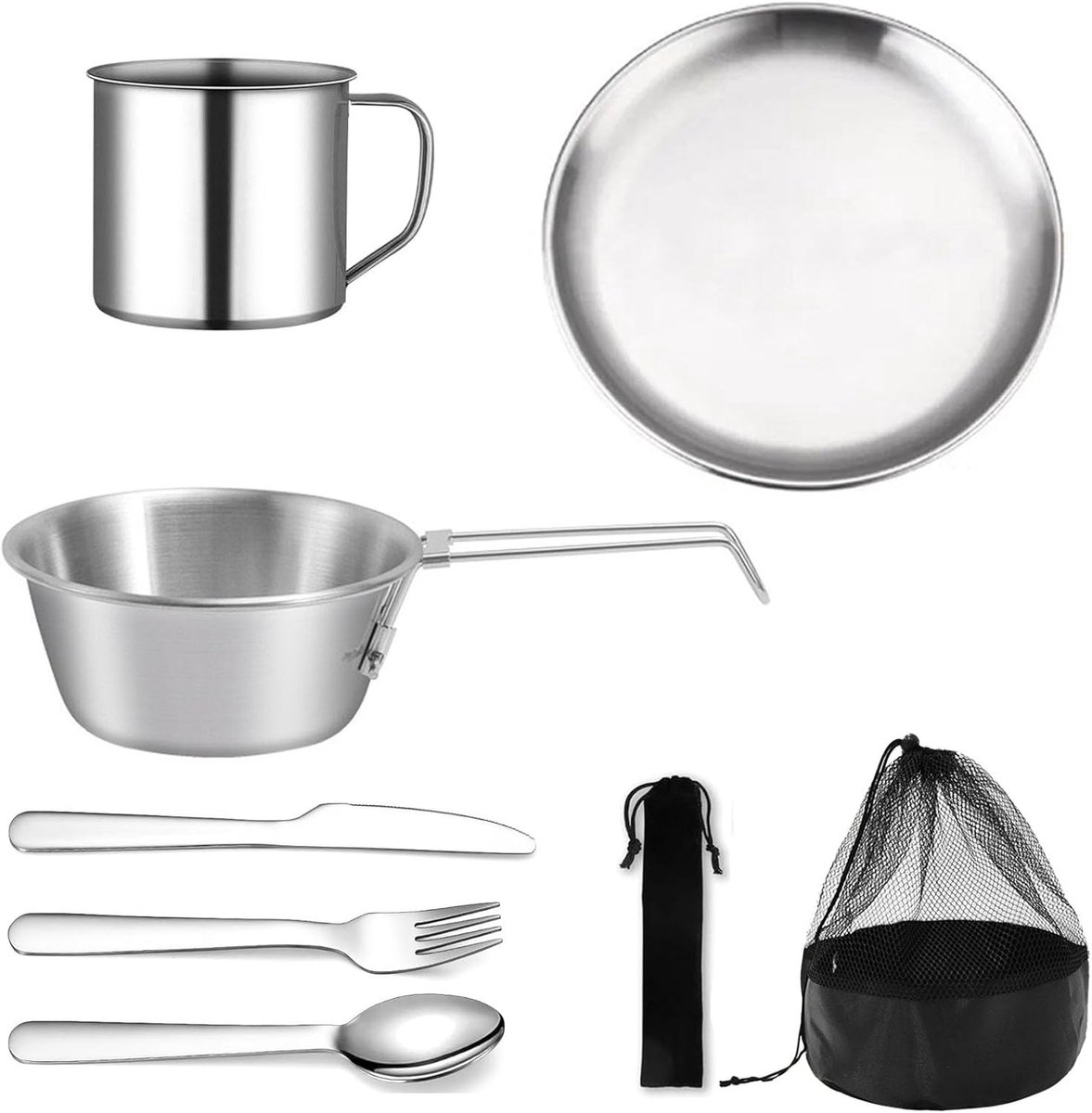 8-delige Camping Servies Set voor 1 Persoon - Rvs Bestek, Picknick Accessoires en Kampeerbenodigdheden