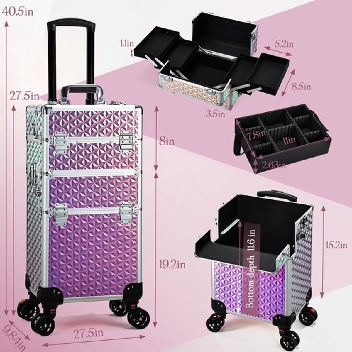 Grote Make-up Trolley op Wielen - Professionele Verrijdbare Cosmetische Koffer voor Salon en Reizen