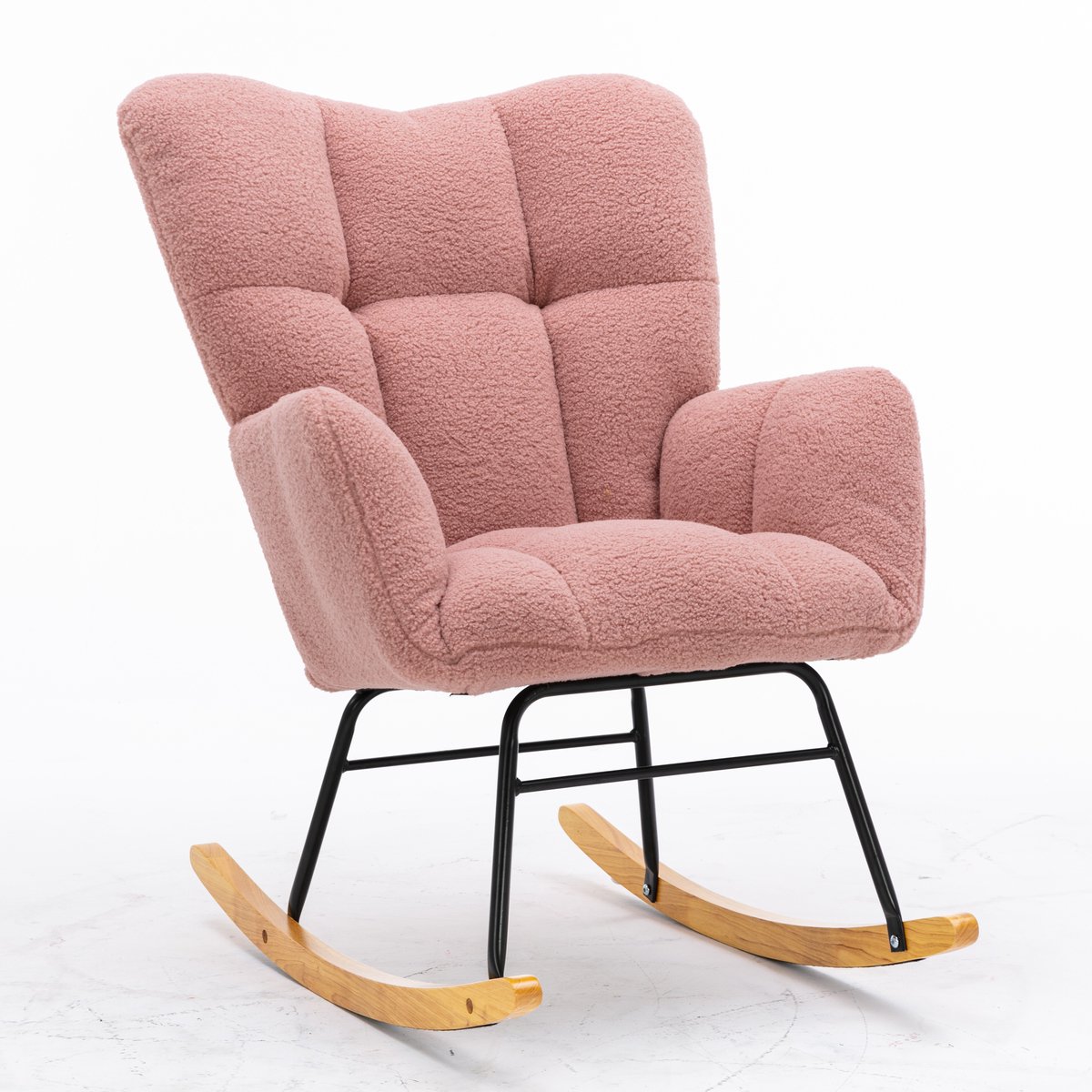 Roze Teddy Schommelstoel - Mid-Century Moderne Schommelstoel - Ergonomische Rugleuning - Stille Viltstroken - 110kg - Voor Woonkamer - 80x70x95cm - Roze