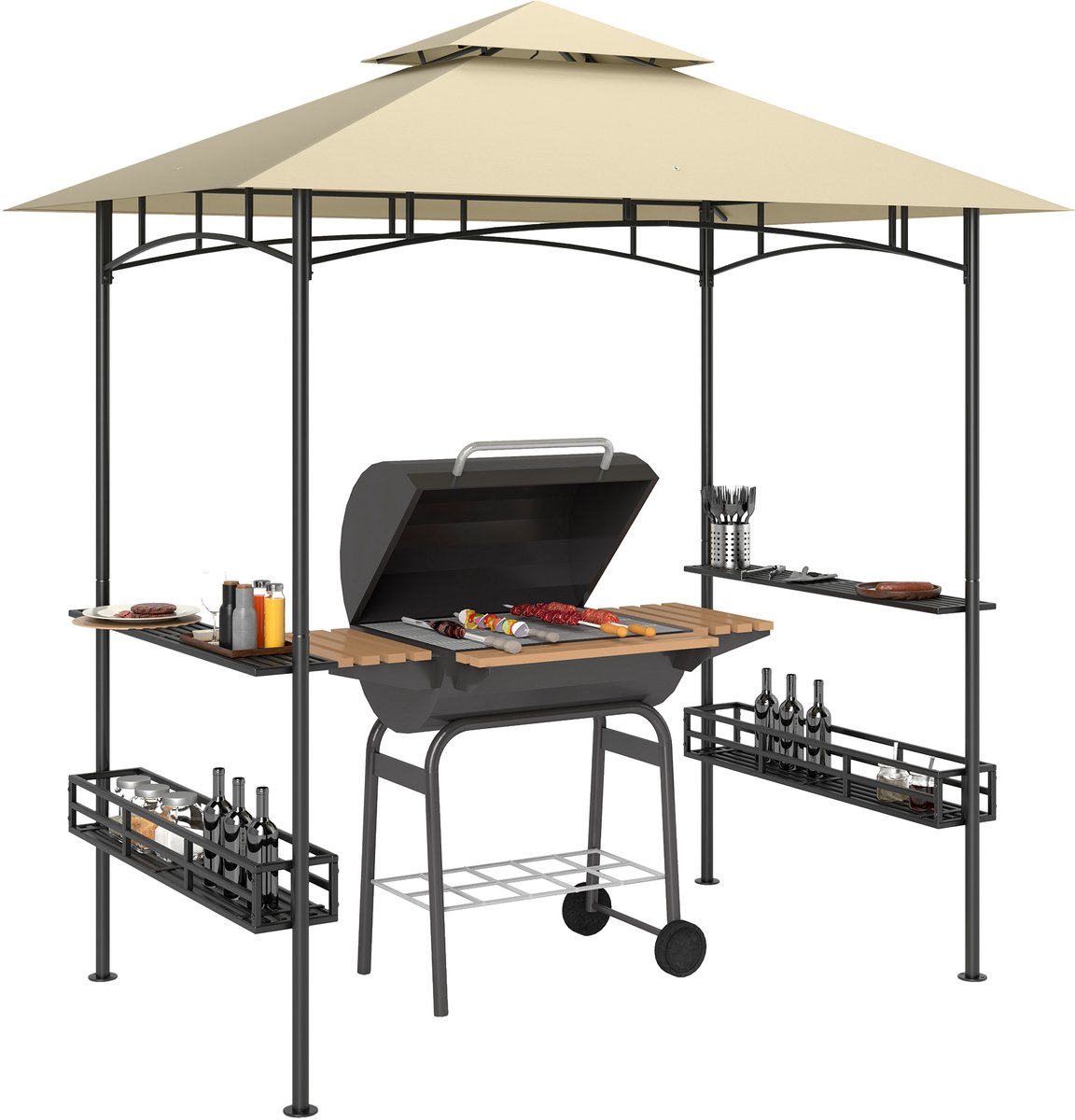 Grilltent - barbecuetent - tuinpaviljoen met 2 planken - opbergmanden - haken - voor terras - beige