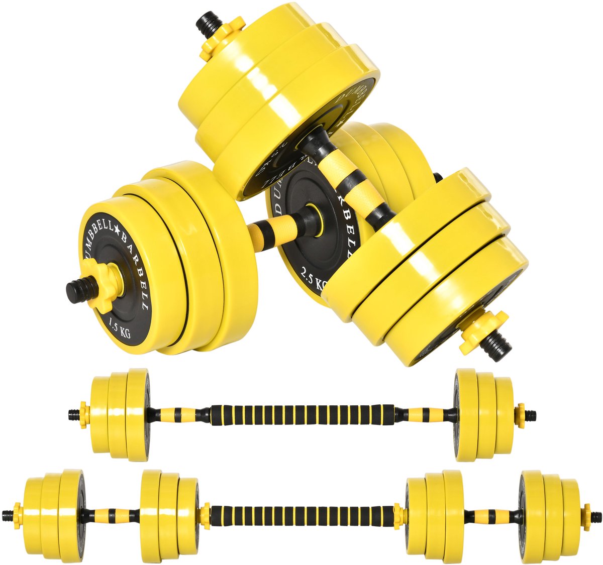 Halterset van 25 kg - verstelbare ergonomische 3 - in - 1 halterset - 12 schijven - 2 korte stangen - 1 lange stang - geel + zwart