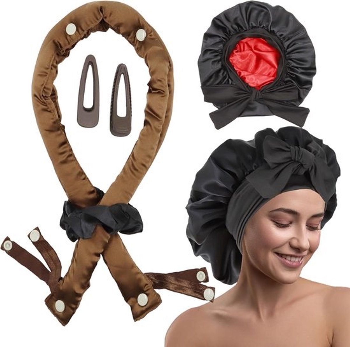 Krulstaaf Satijn - Hittevrije Krulset - Haar Krullen - Zonder Hitte Schade - 81 cm Lengte - Bruin Zwart