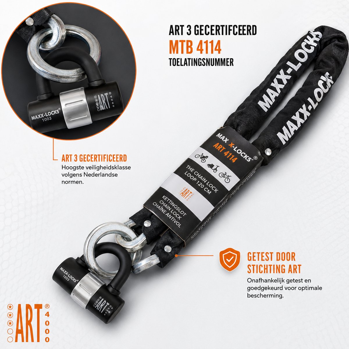 Maxx-Locks Naseby Art 3 Scooterslot + ART 4 Muuranker / Grondanker - Kettingslot met Loop en Beugelslot - Art Gekeurd Slot voor Fatbike en Scooter & Brommer - 150 cm – foto 2