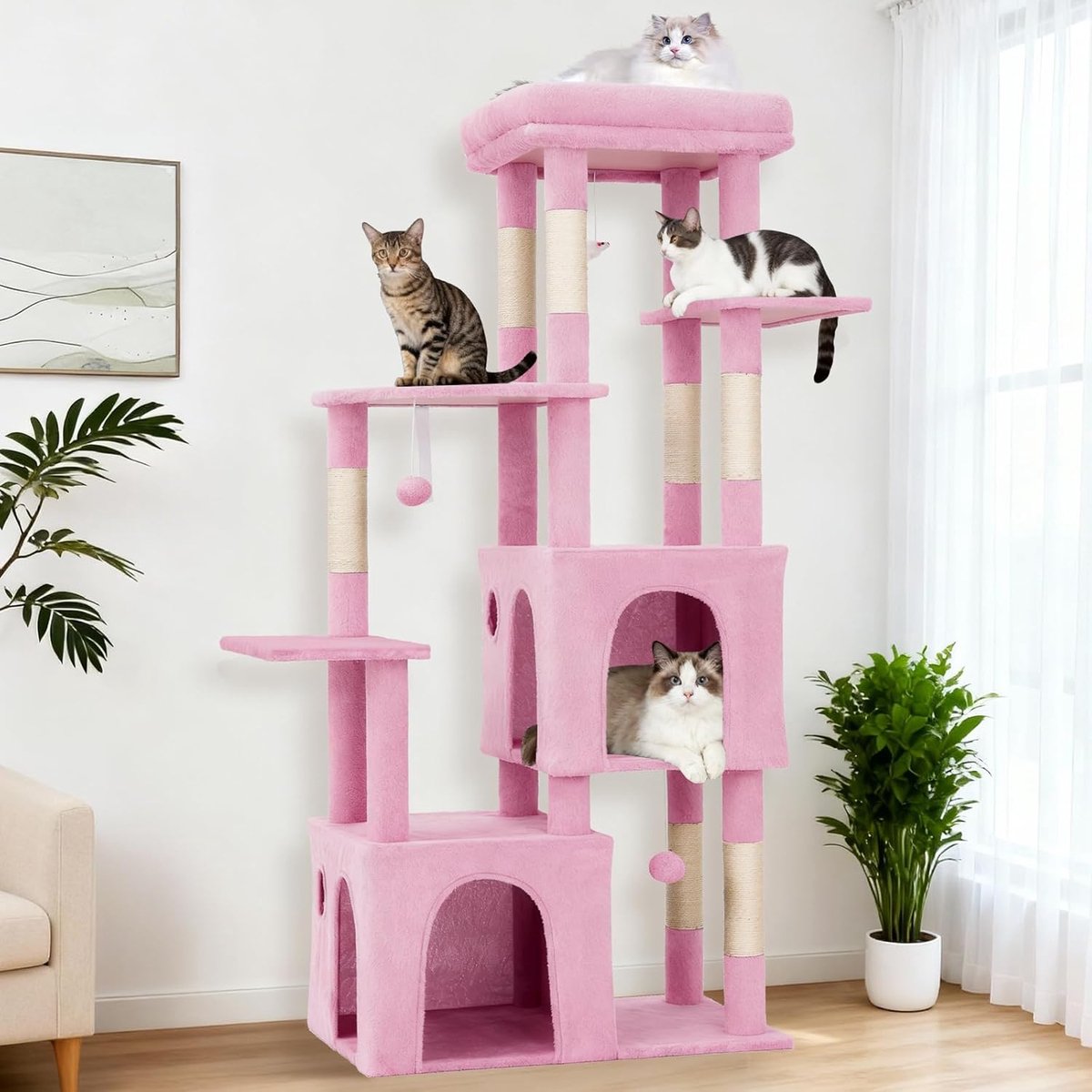 Krabpaal - Kattenkrabpaal 155 cm voor grote katten & Maine Coon - Meerniveaus klimboom met XL ligplateau, 2 ruime kattenhuisjes, 7 sisal krabpalen & speeltjes - Roze -72x45x155CM