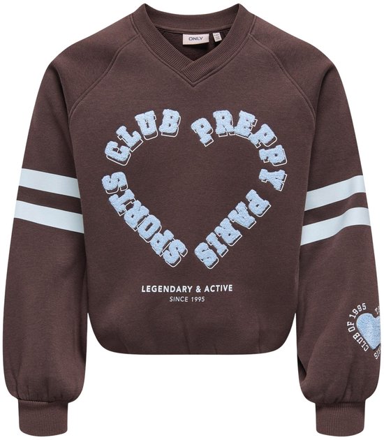 Bruine trui met v-hals en blauw 'Club Pretty Paris Sports' hartprint. Strepen op de mouwen.