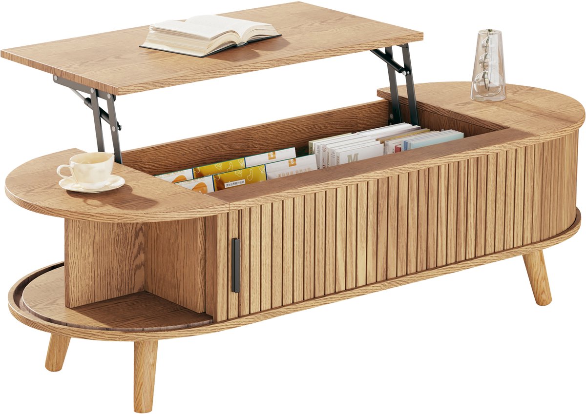 Salontafel met liftblad - In hoogte verstelbare salontafel - Salontafel houtkleur - 120x50x39,5cm - Opbergruimte - Woonkamer Houtkleur