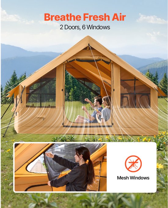 Opblaasbare Campingtent voor 5-8 Personen, Inclusief Handpomp, 4x3x2,2 m Glampingtent met Dakramen, Luifel, Kooktoestelaansluiting, 2 Deuren, Gaasramen en Draagtas — afbeelding 4